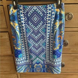 ANTONIO MELANI Geometric Blue and Orange Pencil Skirt - Size 2